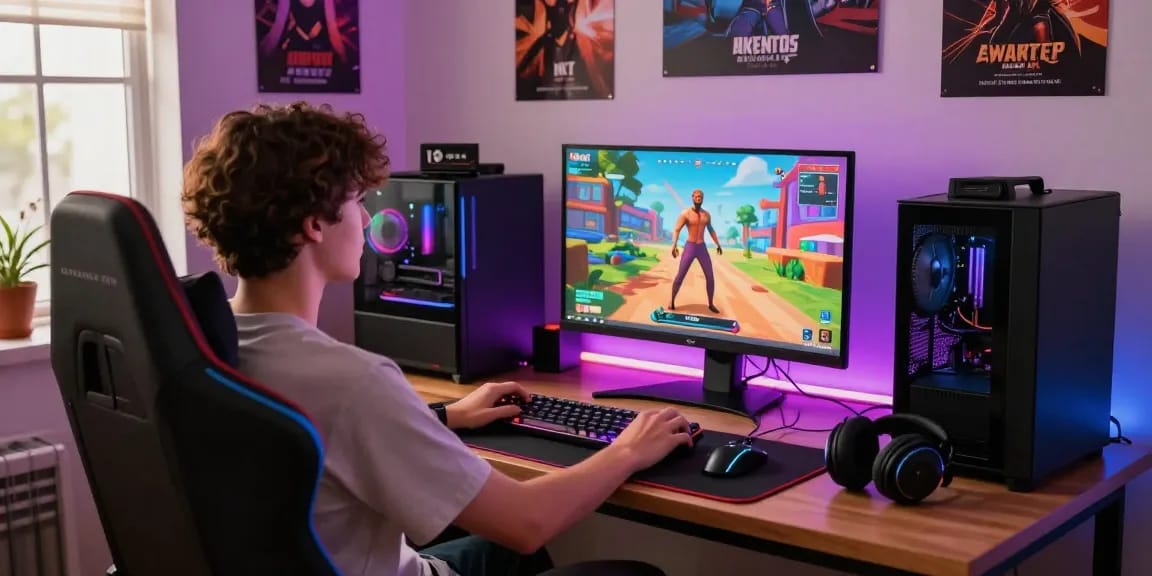 Engaging scene of a player enjoying online porn games on a modern gaming setup with vibrant lighting