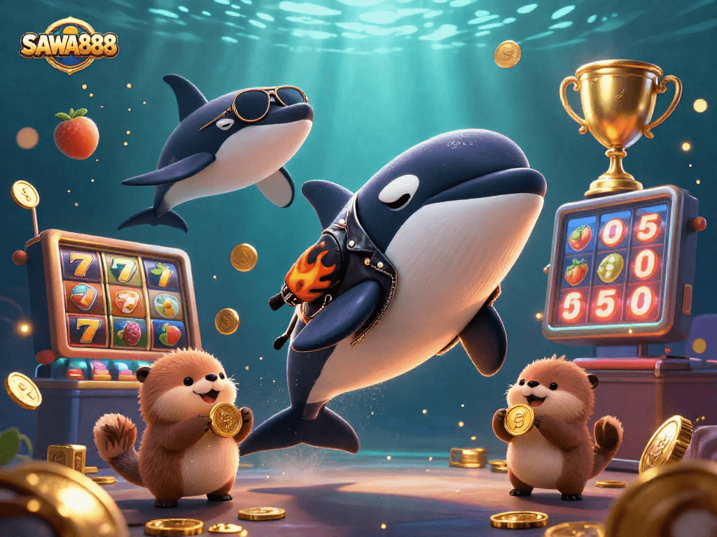 SAWA888 slots scene with orca, stingray, and otters celebrating big wins in a vibrant underwater casino