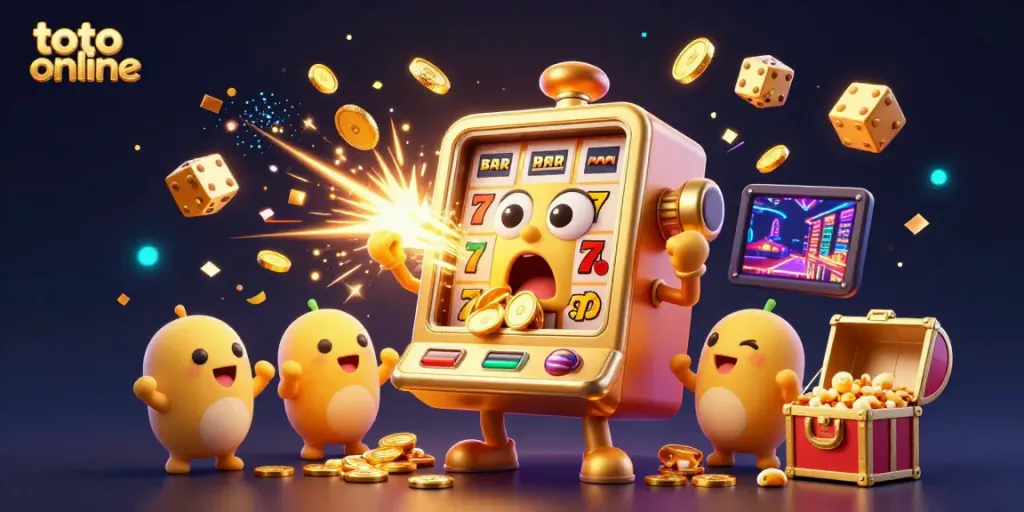 Spin and win with toto online at a vibrant casino scene featuring golden slot machines and a jackpot burst.