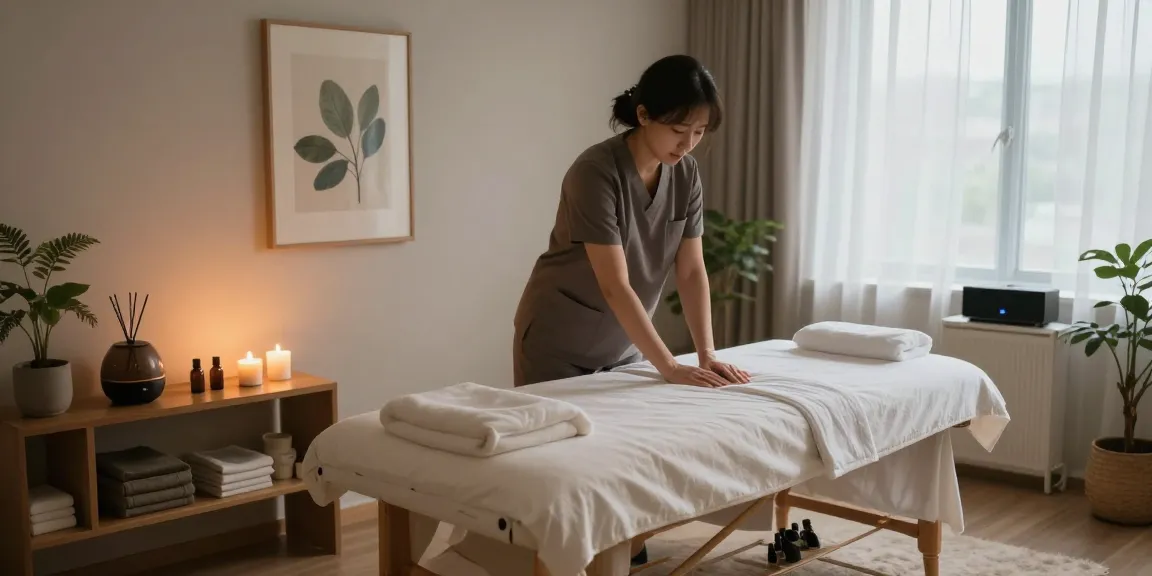 Relaxation atmosphere in a massage room for 강서구출장마사지, featuring soothing elements like candles, essential oils, and plush furnishings.