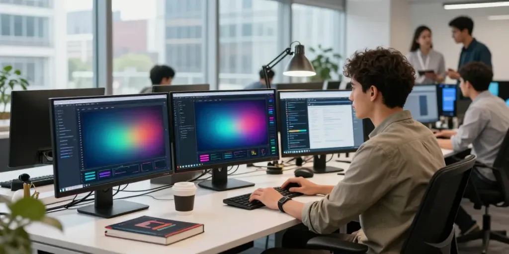 Developer optimizing instant indexing in modern tech office