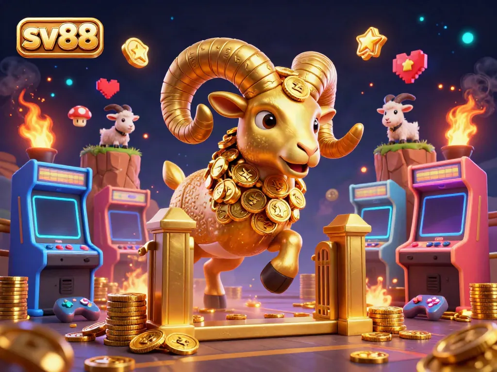 Experience sv88 with a vibrant scene of a golden ram charging through a casino, surrounded by colorful game elements.