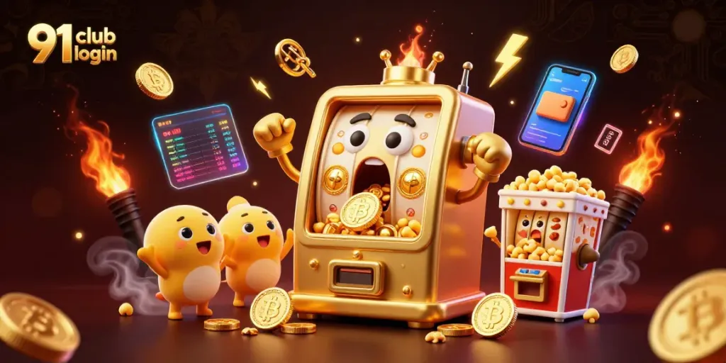 Spin the reels of 91 club login with animated slot machines celebrating huge wins amidst crypto elements.