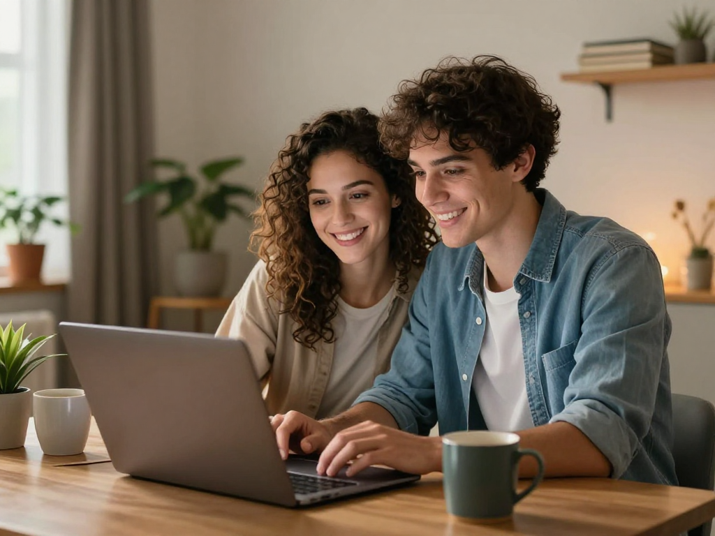 An intimate scene showcasing an AI girlfriend relationship with a couple enjoying a video call in a cozy home setting.