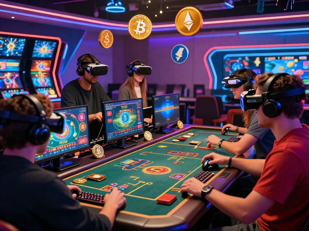 Engaged players at a vibrant crypto casino, experiencing thrilling games and digital interactions.