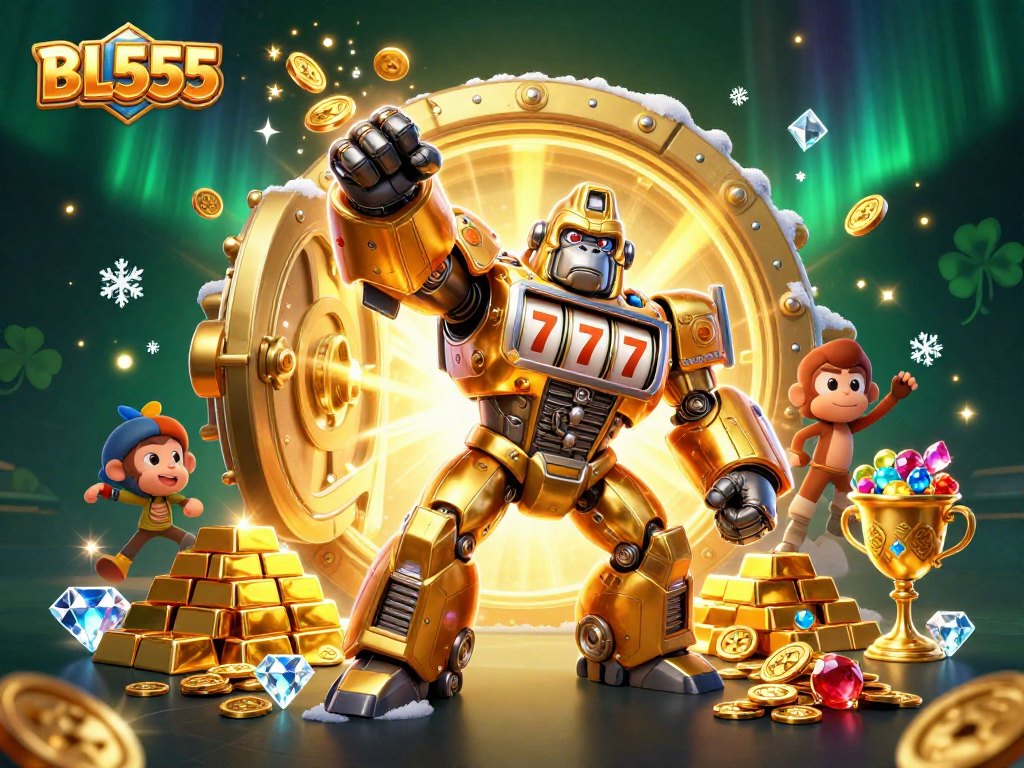Experience thrilling wins with BL555 at this vibrant 3D casino illustration featuring a golden gorilla mech.