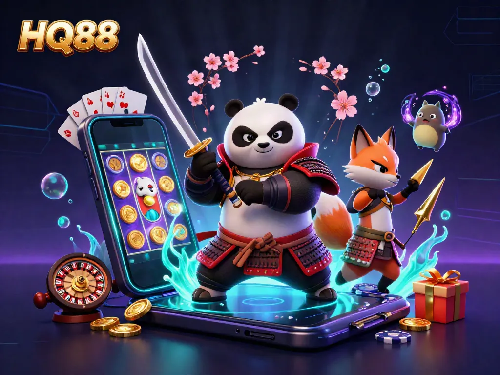 Experience thrilling online casino adventures with HQ88's vibrant 3D scene featuring samurai panda and rich gaming elements