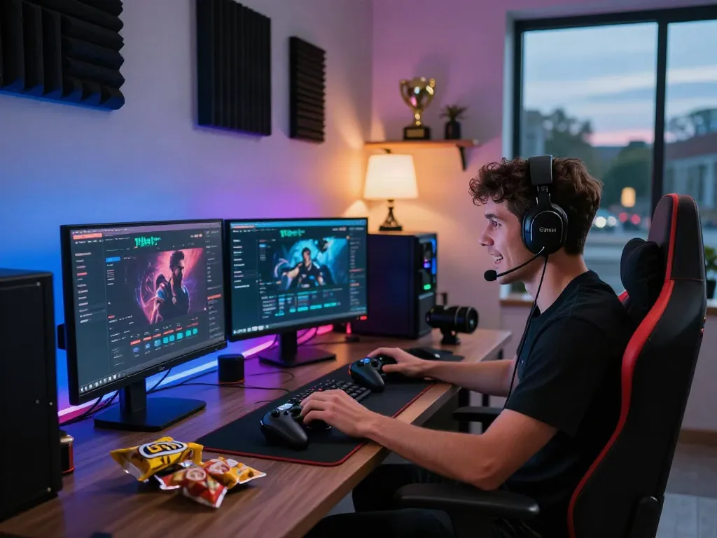 Gamer engaging with 11bet platform in modern home office setup.