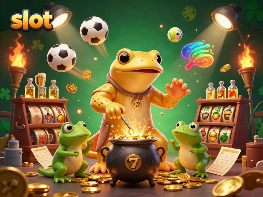 Experience the excitement of slot machines with dynamic 3D alchemist characters, gold elements, and sports action.