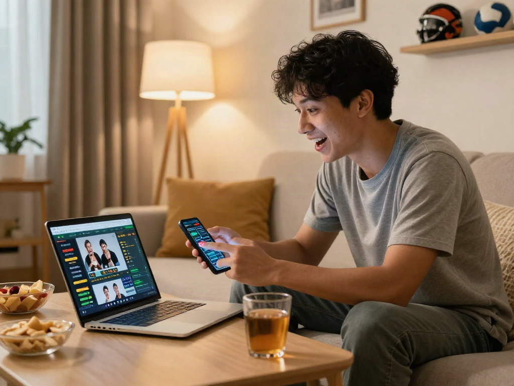 Engaged individual in a cozy home setting using 먹튀검증 추천 먹튀스팟 for online betting