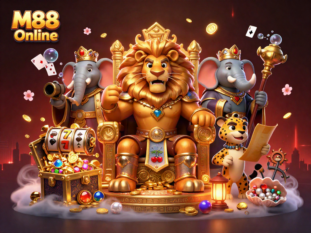 Experience the excitement of M88 Online with a vibrant 3D casino scene featuring a lion king and treasures.