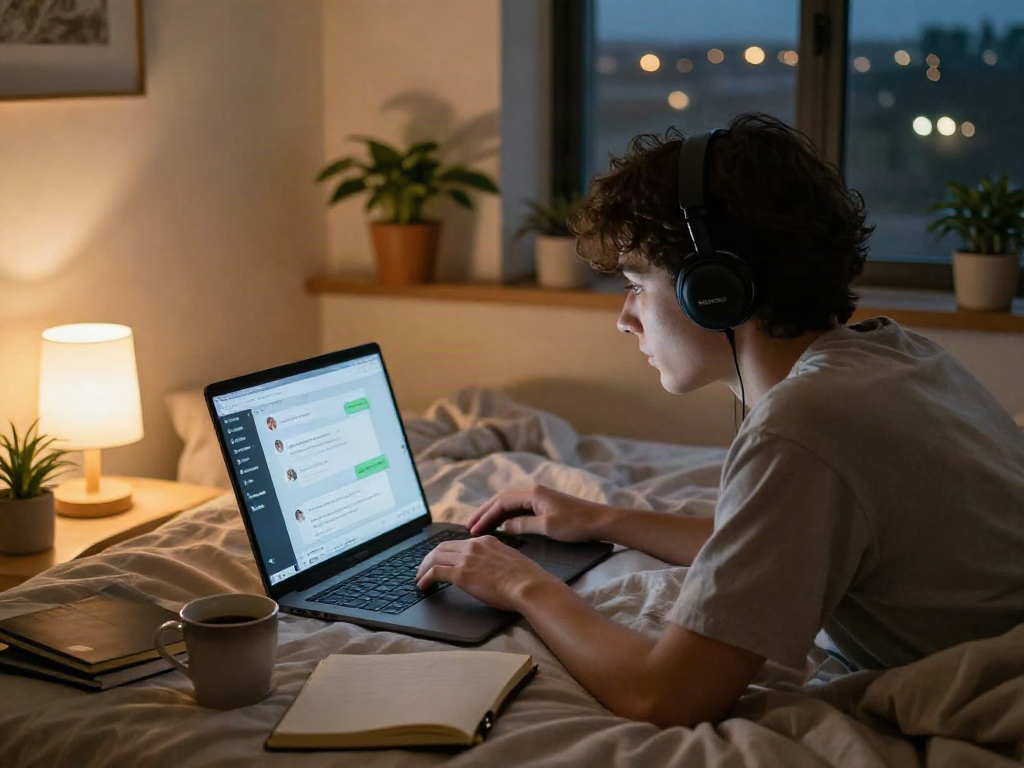 Engaging in a sex chat ai conversation in a cozy bedroom with warm lighting.