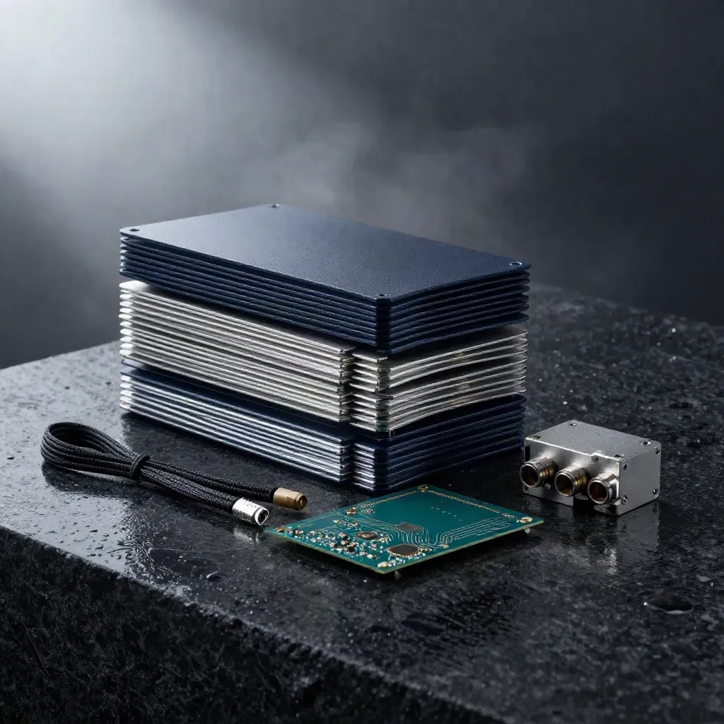 Rain-dark prototype enclosures, circuit boards, patch leads and connector block on wet black stone in mist.