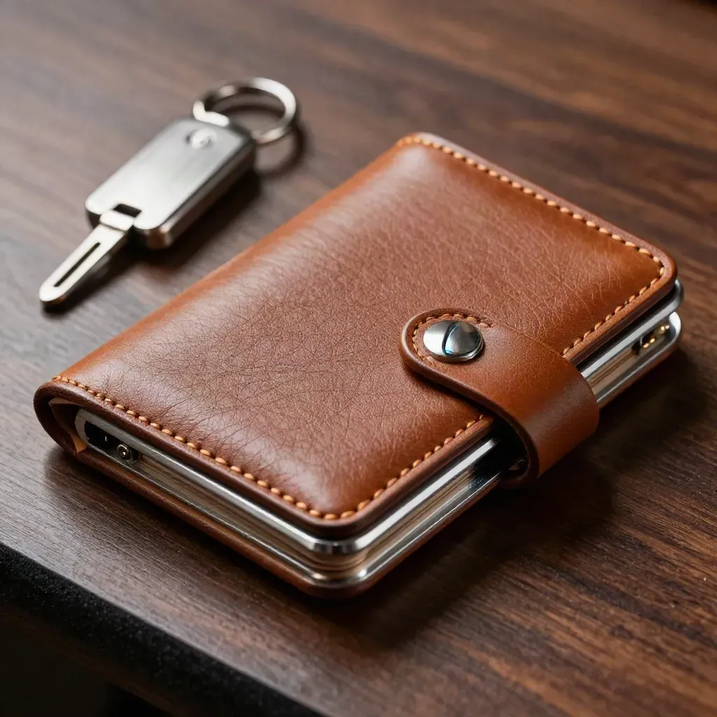 Macro still life of a prototype enclosure, leather folio, key fob and token on dark walnut.