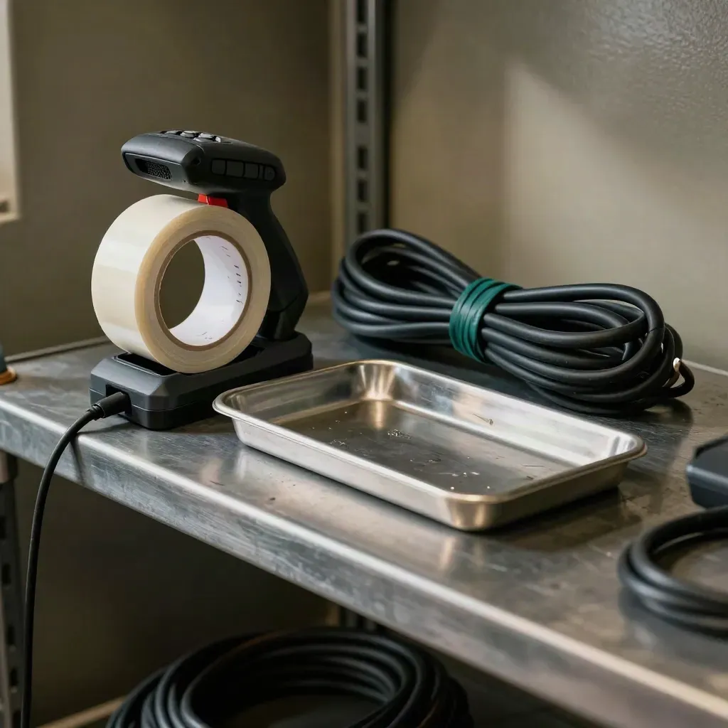 Scanner dock, thermal tape and cables on brushed metal in a moody industrial still life.