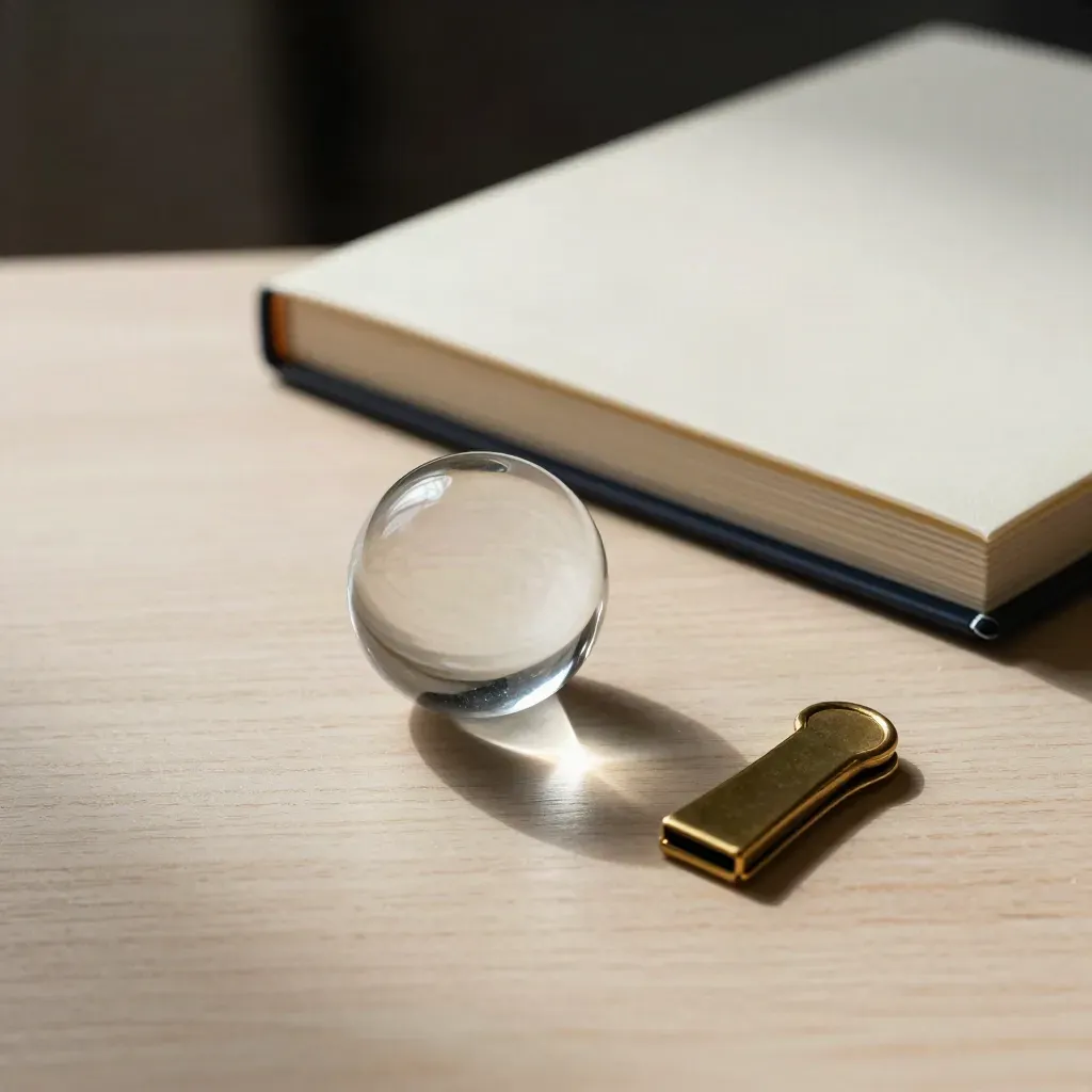 Close-up still life of a paperweight, folio, clicker and brass clip on pale wood.