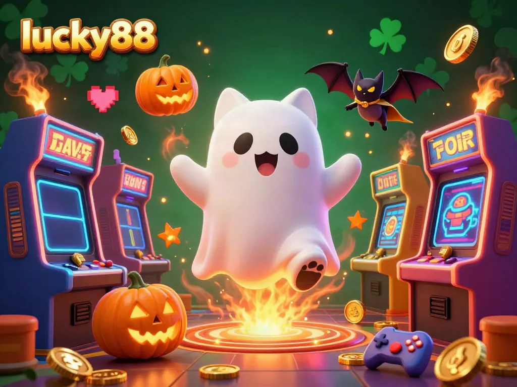 Join the fun at lucky88 with a ghost cat and vampire bat in a haunted casino filled with games.