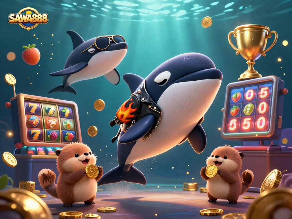 SAWA888 slots scene with orca, stingray, and otters celebrating big wins in a vibrant underwater casino