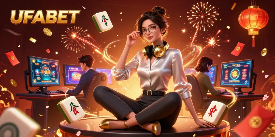 Experience UFABET with an immersive 3D illustration of a dynamic gaming setup featuring slots and other casino elements.