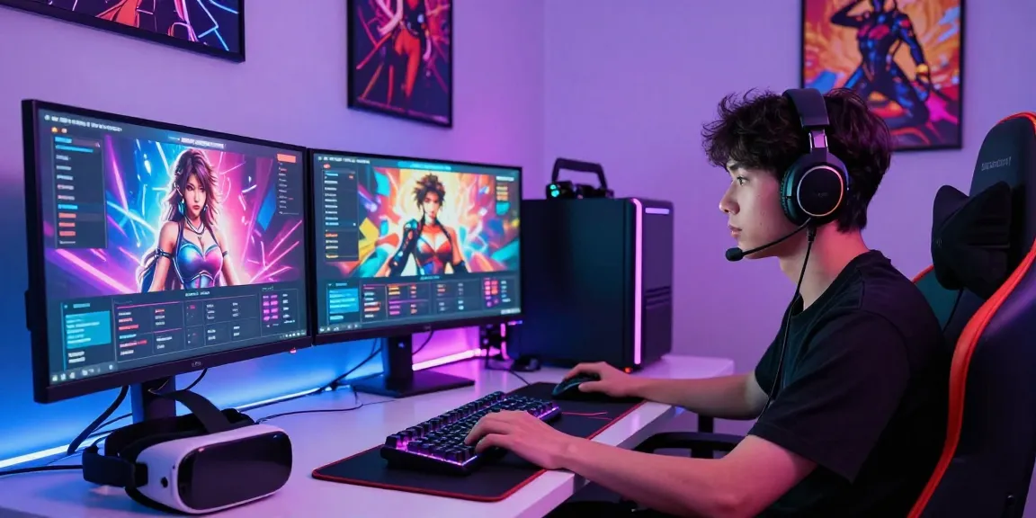 Player enjoying AI hentai games in a colorful modern gaming setup with interactive displays.