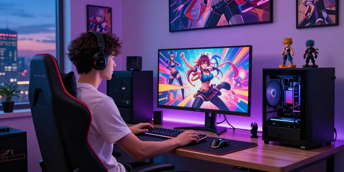 Gamer enjoying an ecchi simulator in a vibrant gaming setup with anime art and neon lighting.