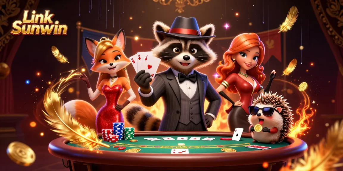 Experience the excitement at Link Sunwin with a raccoon, fox, and hedgehog in a vibrant casino scene.