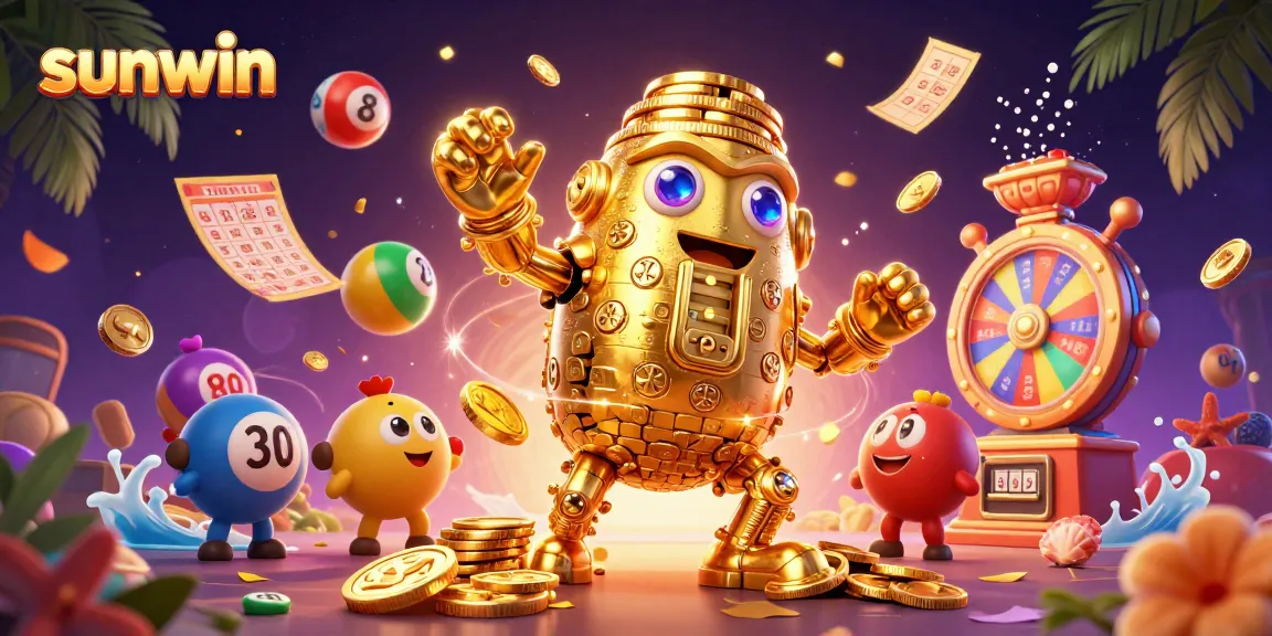 Engage in Sunwin with colorful gaming elements and dynamic lottery features surrounding a golden golem.