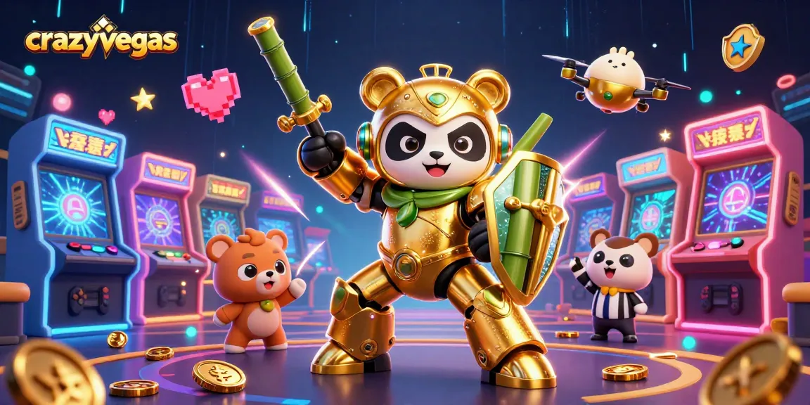 Immerse in the crazyvegas adventure with a golden panda piloting an arcade arena robot.