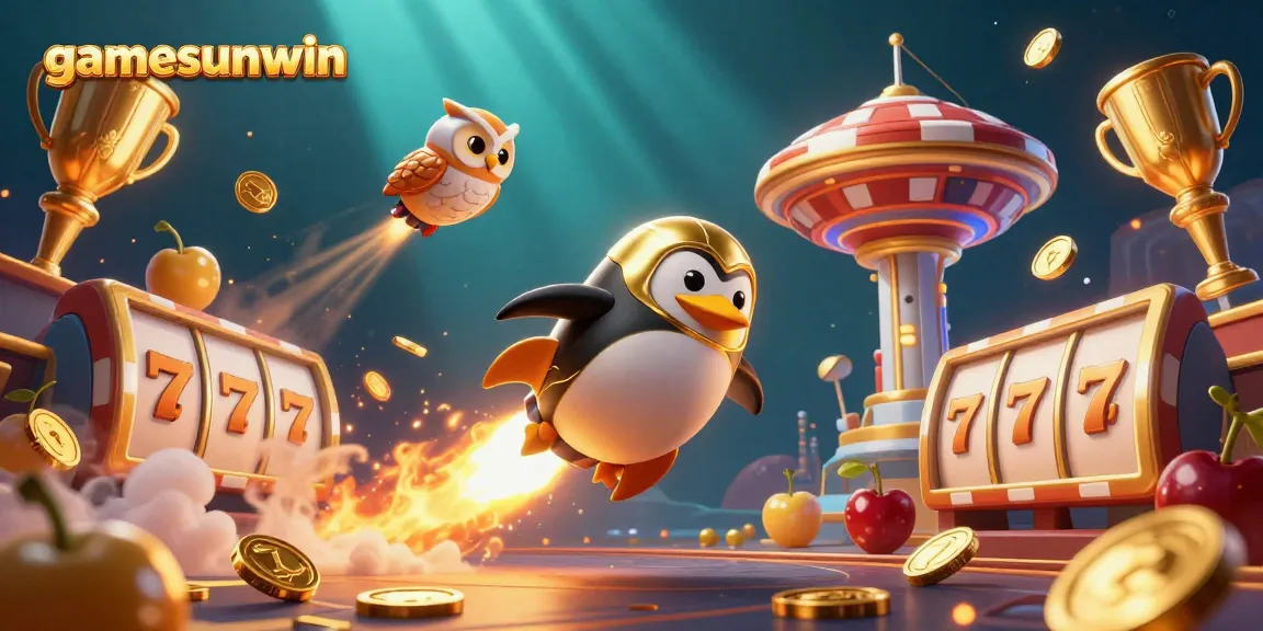 Experience gamesunwin's thrilling jackpot action with a golden penguin and slot reels!