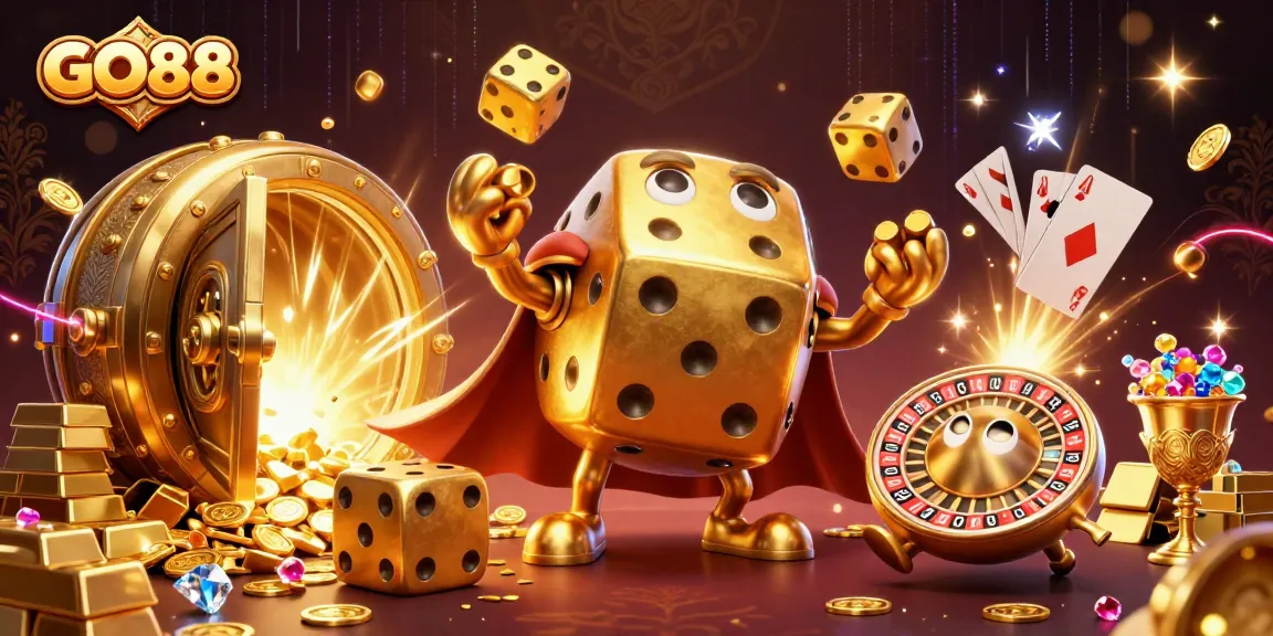 Experience the excitement of GO88 with a vibrant 3D illustration featuring a golden dice golem and lucrative symbols.
