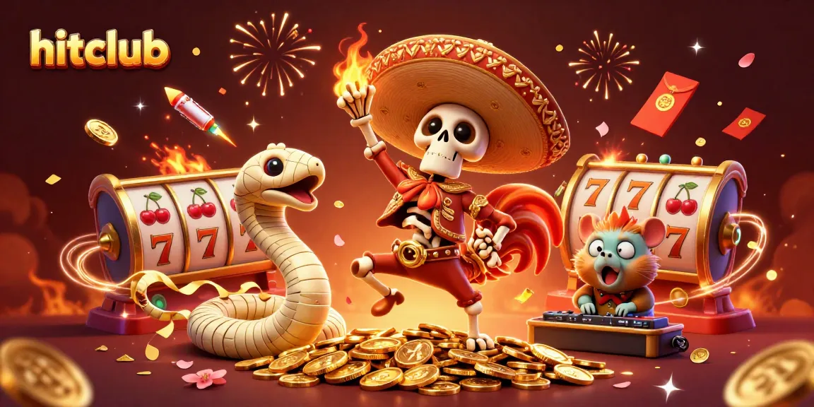 Spin the reels at hitclub with lively characters, celebrating and surrounded by luck and golden treasures.